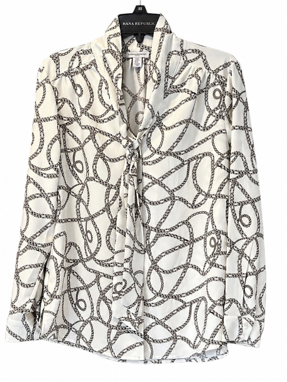 CAROLINA BELLE Montreal Tie Neck Blouse Size Medium Off White‎ Chain Link Print
